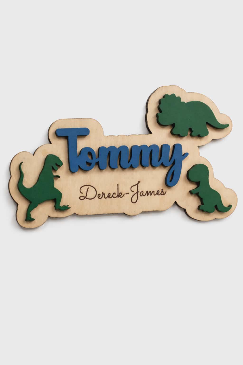 Personalised dinosaur name sign wooden 3D door plaque.