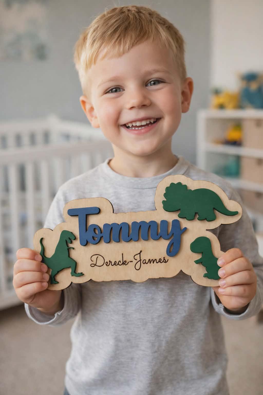 Child holding personalised dinosaur name sign Tommy.