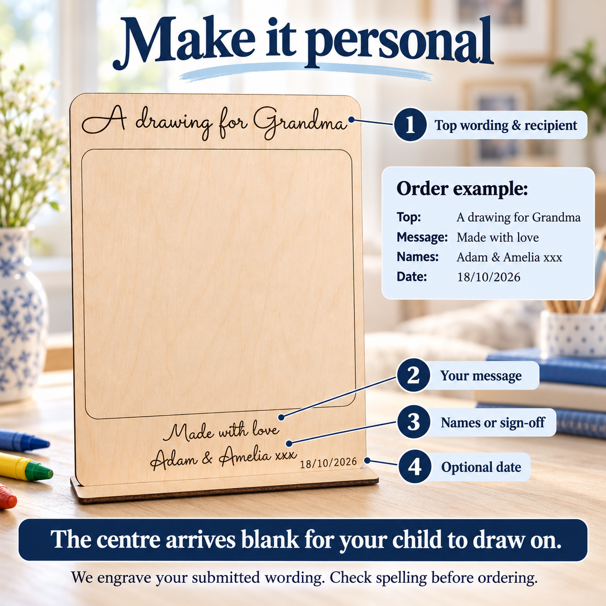 Personalisation example for the wooden drawing plaque showing top wording and recipient, lower message, names and optional date; the central drawing area arrives blank.