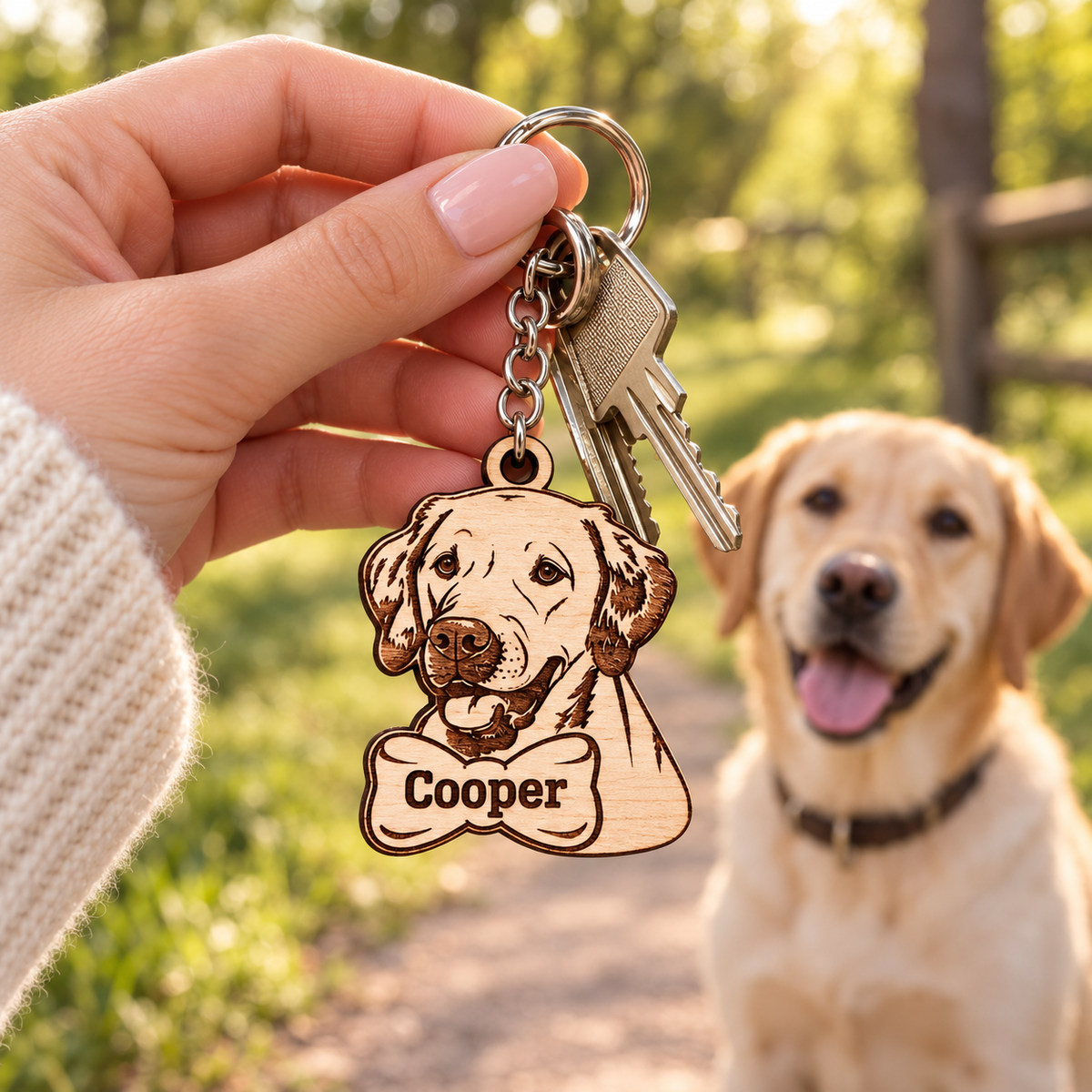 Personalised wooden Labrador keyring engraved Cooper, held beside keys with a Labrador on a park walk
