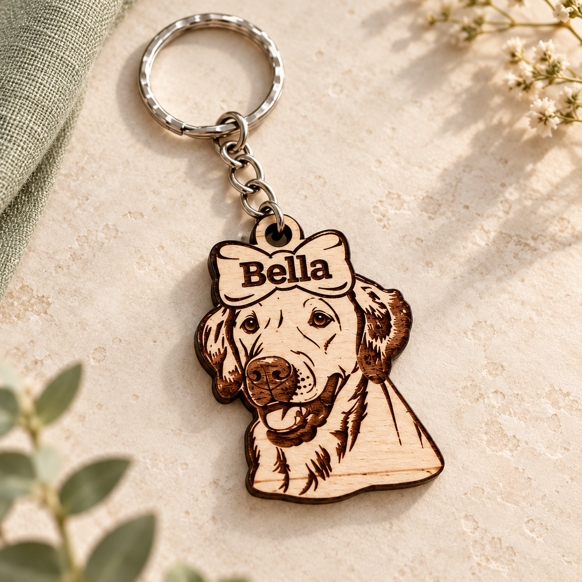 Female Labrador wooden keyring with Bella engraved on the top bow, styled on pale stone