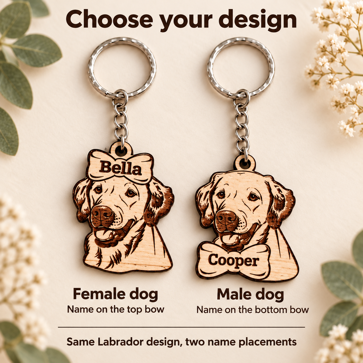 Labrador keyring designs compared: female with name on top bow and male with name on bottom bow