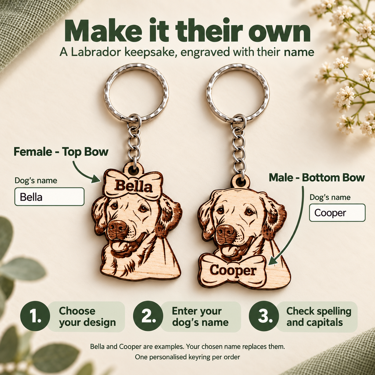 How to personalise a Labrador keyring: choose top or bottom bow, enter dog's name and check spelling