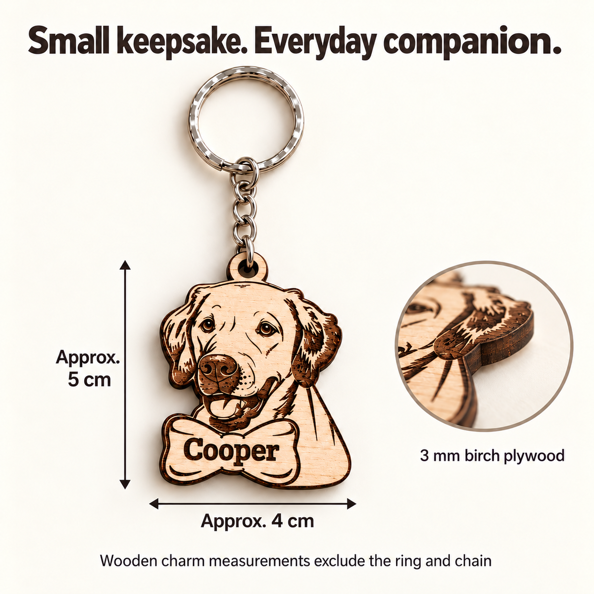 Labrador wooden keyring size: approximately 5 cm high, 4 cm wide and 3 mm thick, excluding ring and chain