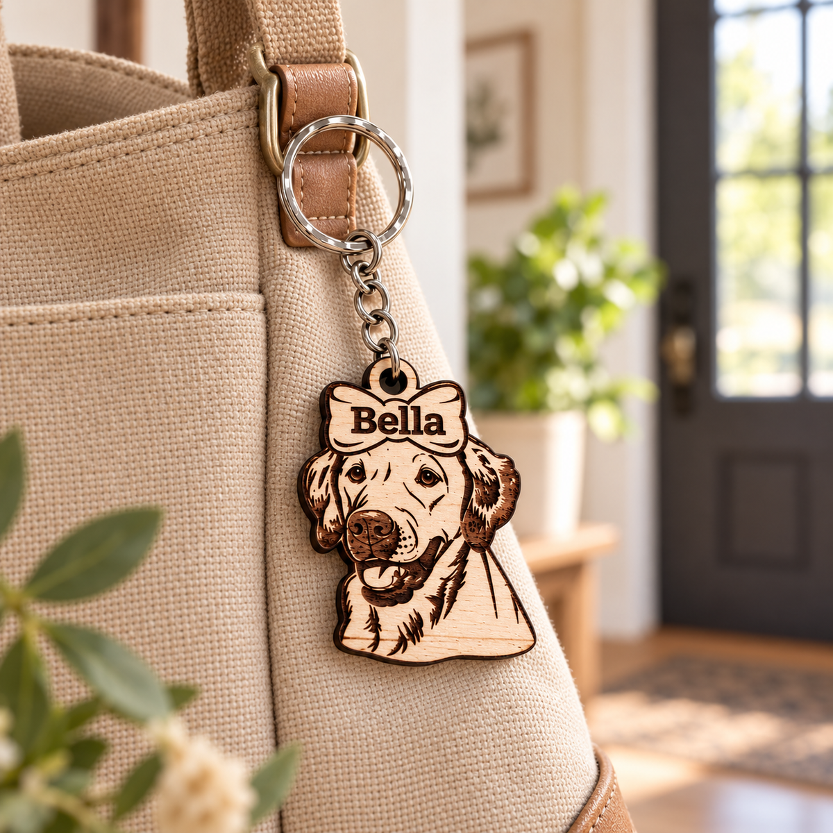 Personalised Labrador keyring with Bella on top bow attached to a tan canvas bag