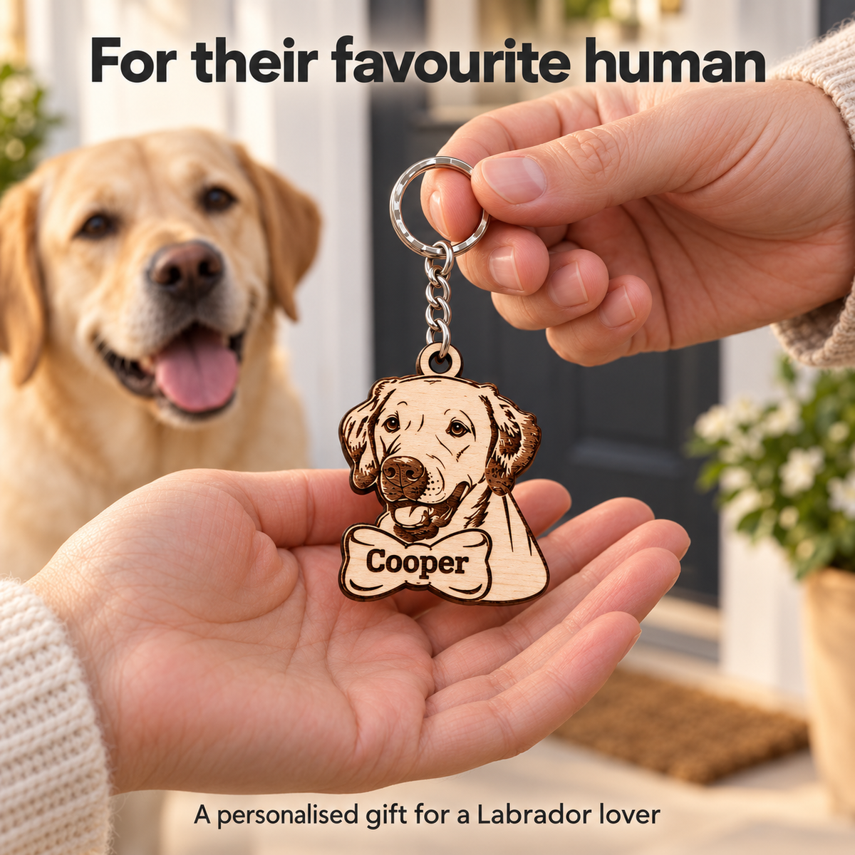 Personalised Cooper Labrador keyring presented as a dog lover gift with a Labrador beside its owners