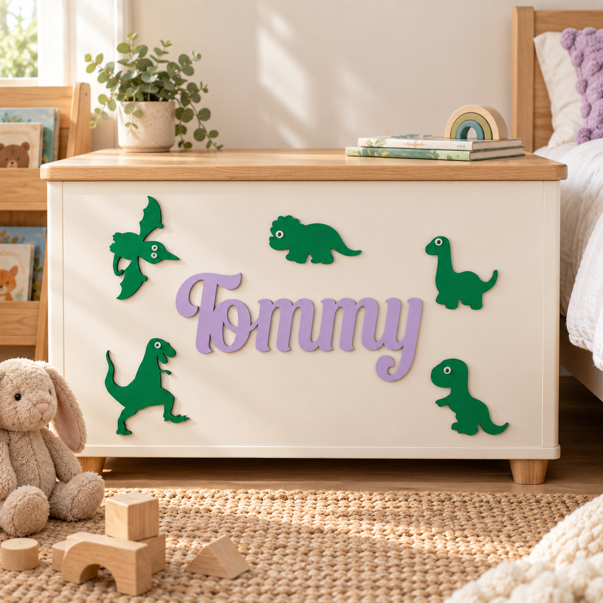 Light Violet Tommy wooden name and five green dinosaurs fitted to the front of a nursery toy box