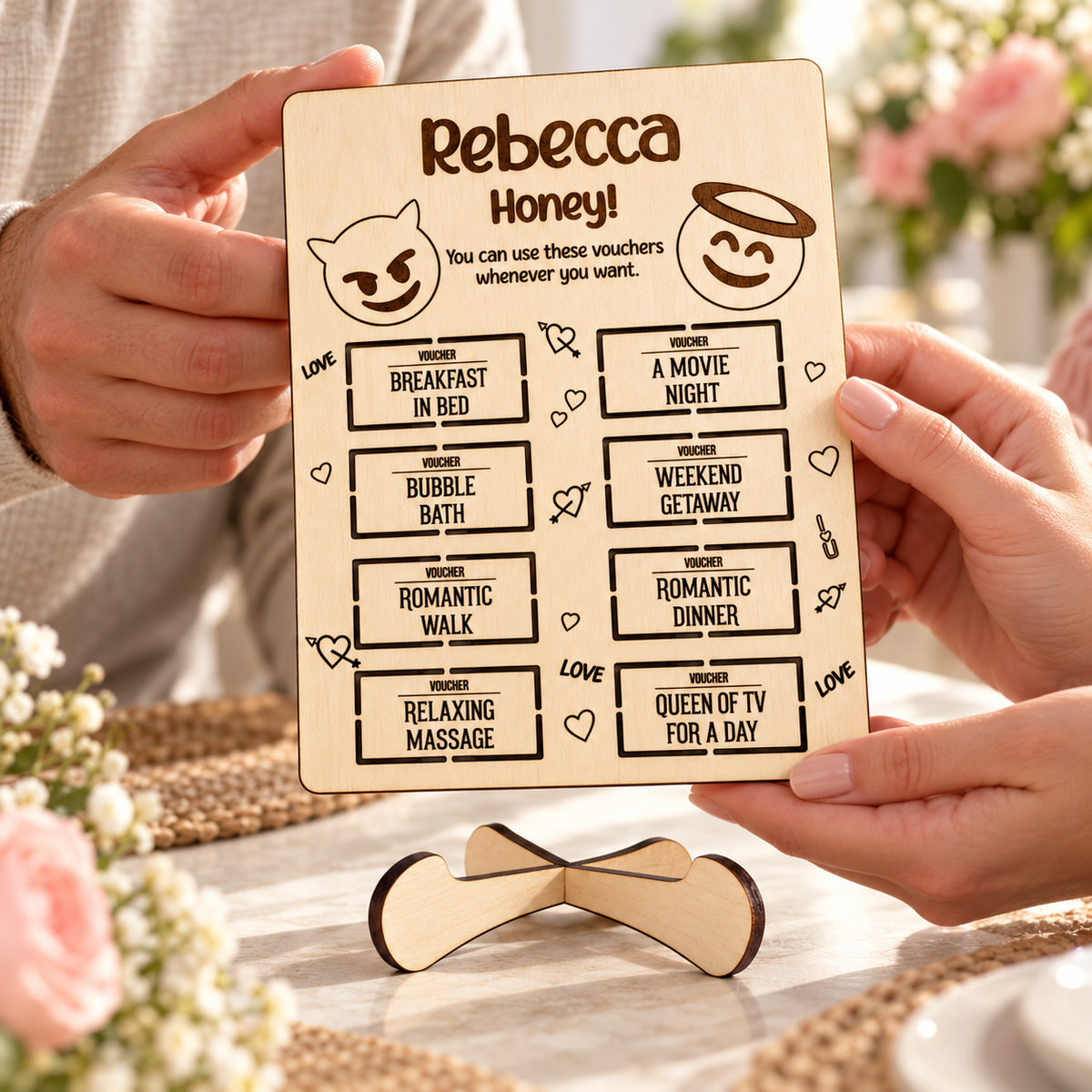 Personalised love vouchers card being given as a romantic gift with wooden stand
