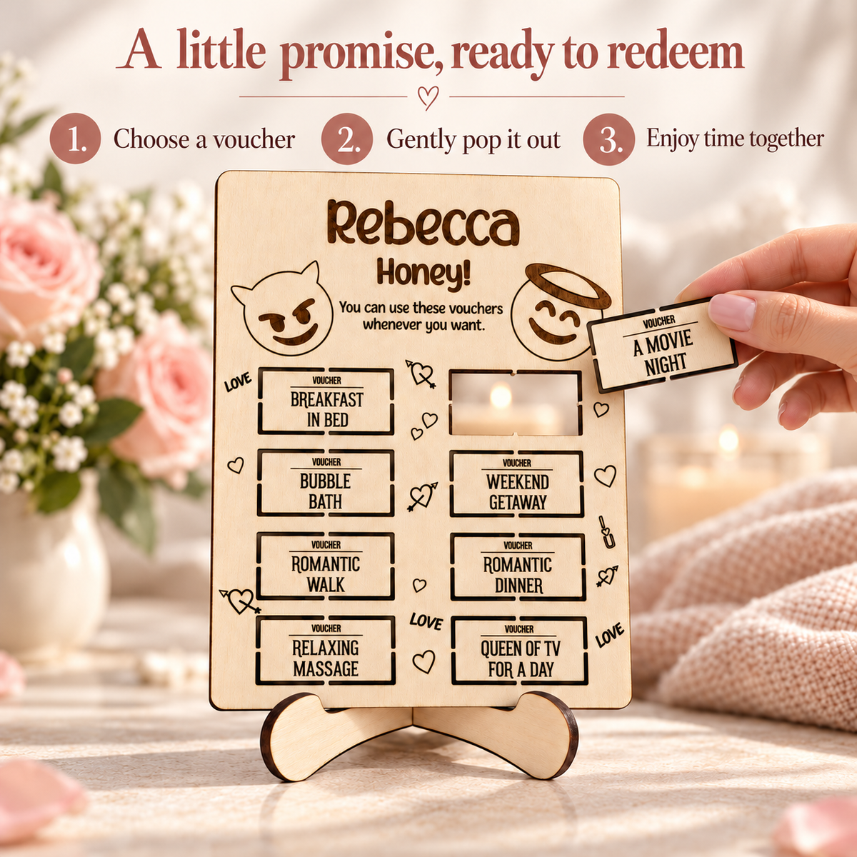 Choose a love voucher, gently pop it out and enjoy time together