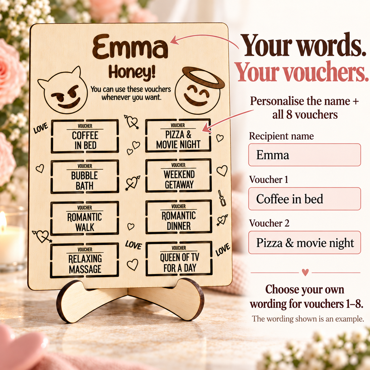 Personalisation guide showing the recipient name and custom wording for all eight love vouchers