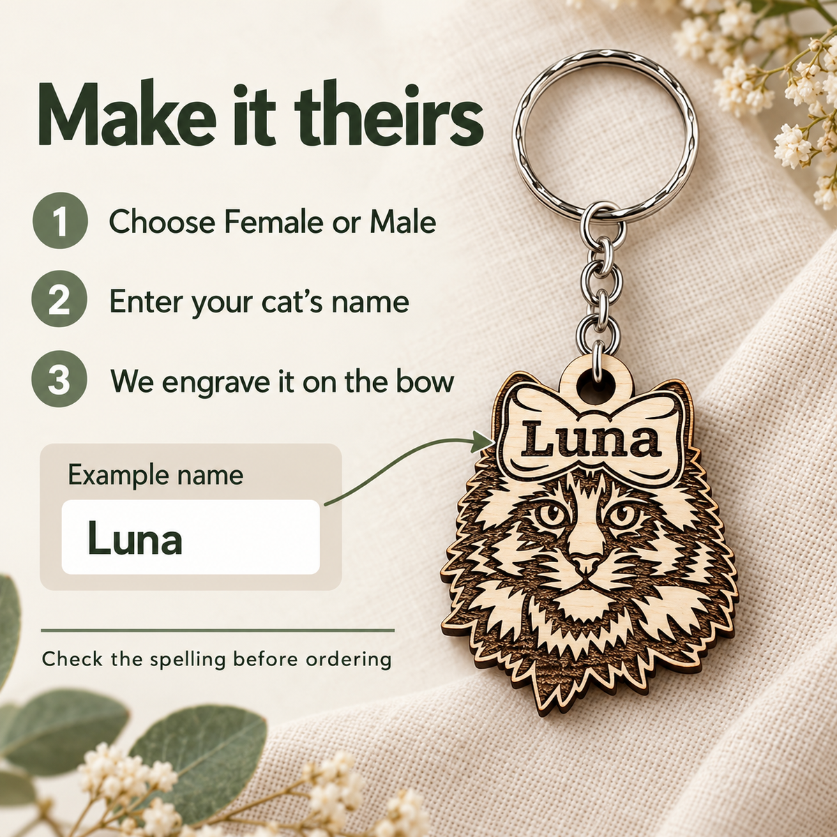 How to personalise a Maine Coon cat keyring: choose a bow design, enter your cat’s name and check the spelling