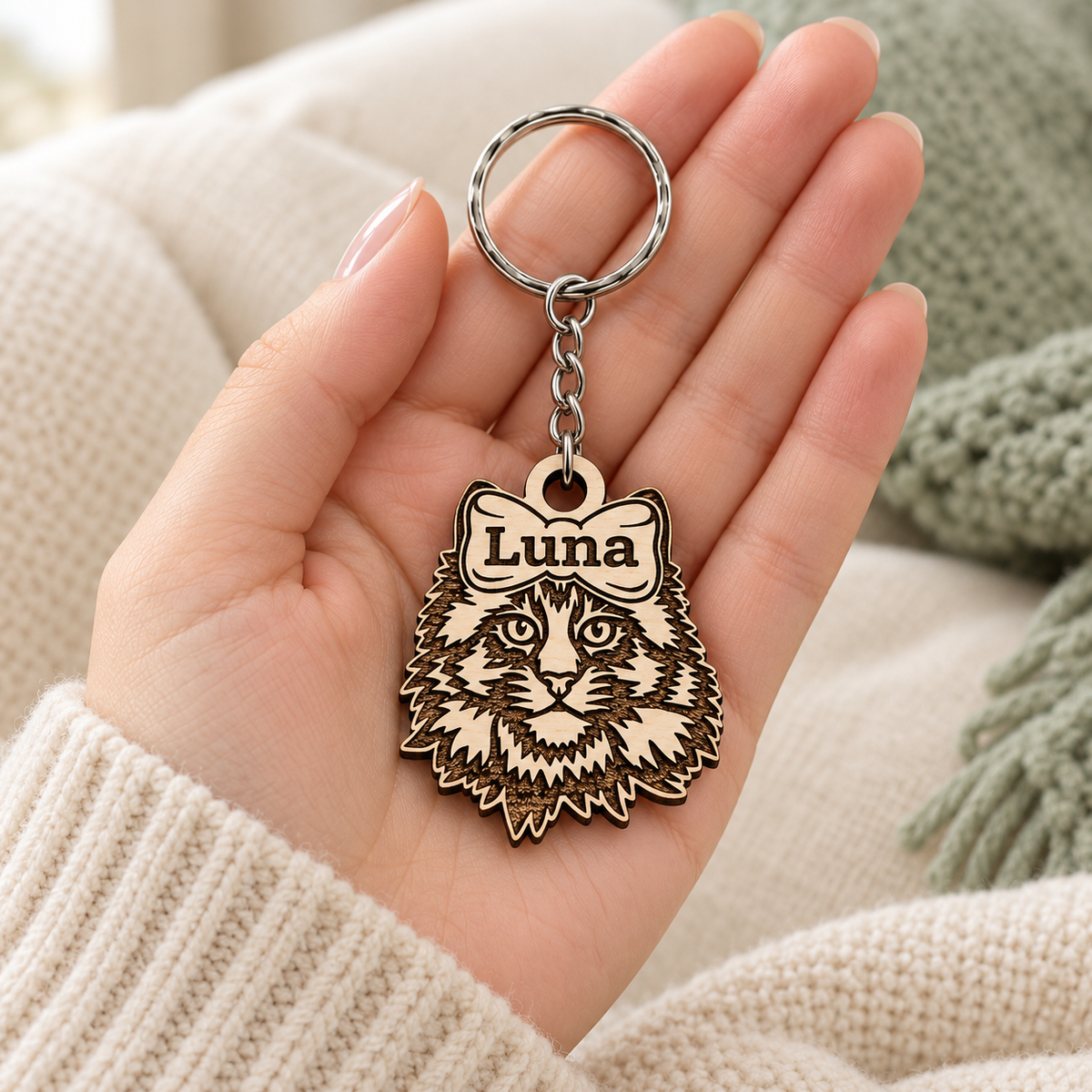 Luna personalised Maine Coon wooden keyring with a top bow, shown in a hand