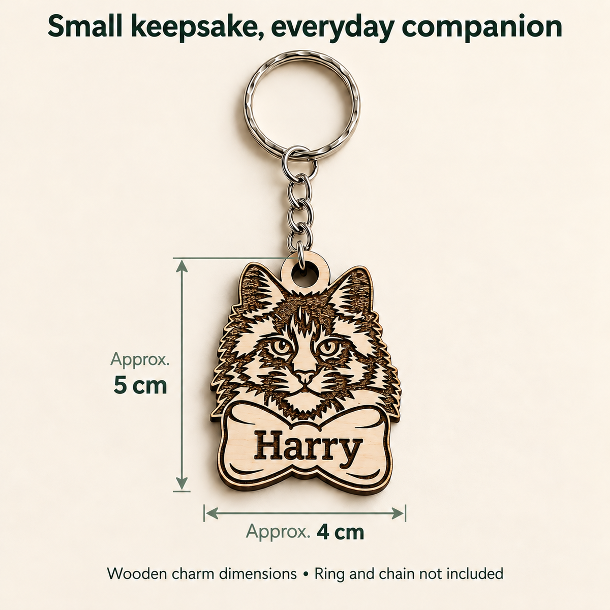Maine Coon wooden keyring size guide: approximately 5 cm high and 4 cm wide, excluding the chain and metal ring