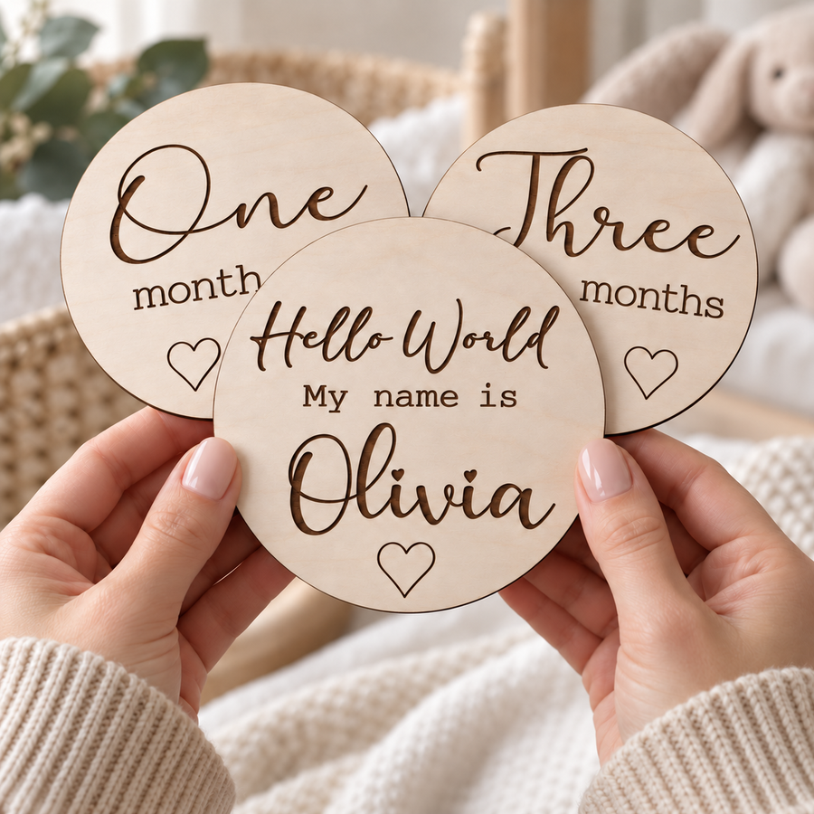 Personalised wooden monthly baby photo cards held in hands, with Olivia name card and matching One month and Three months markers