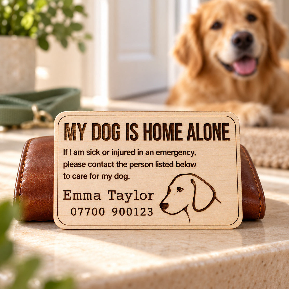 My Dog Is Home Alone card with a laser-engraved dog illustration and personalised emergency contact details.