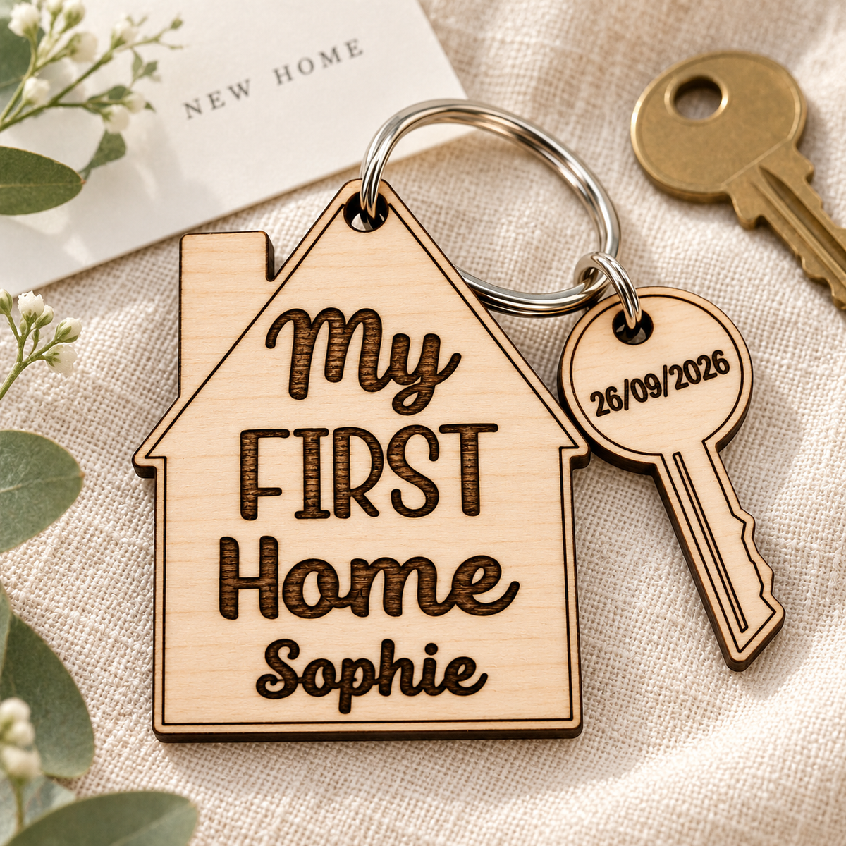 My First Home wooden keyring personalised with Sophie and a date, showing an alternative wording for one homeowner.