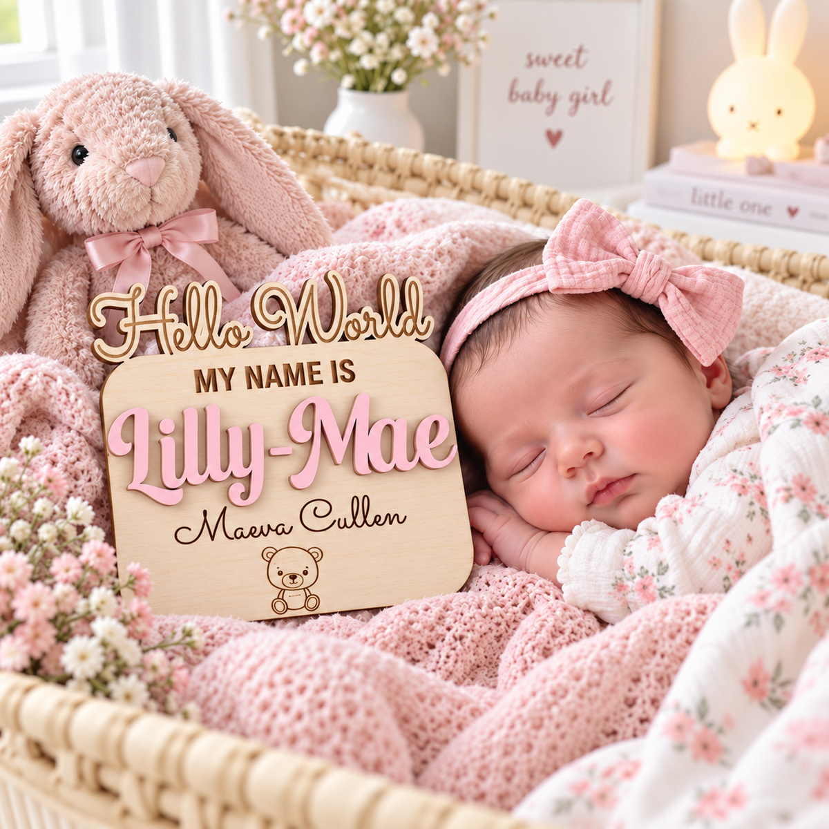 Lilly-Mae newborn name sign in Pastel Pink beside a sleeping baby girl, with cut-out Hello World wording and engraved additional names.