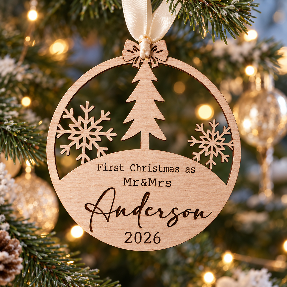 Personalised newlywed Christmas bauble with Anderson surname and 2026 hanging on a Christmas tree