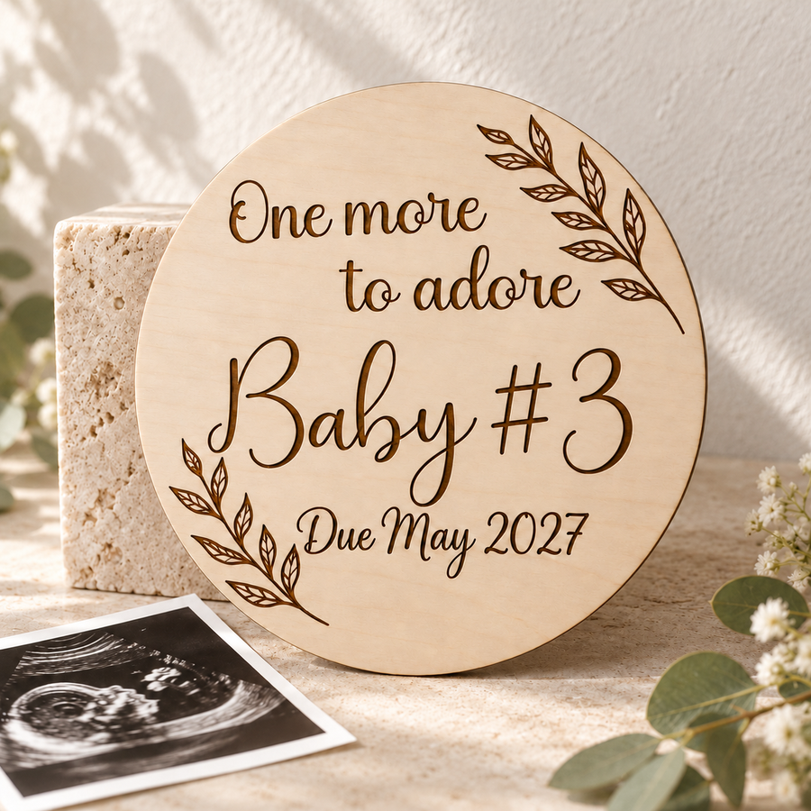 Round wooden Baby #3 pregnancy reveal plaque with due date