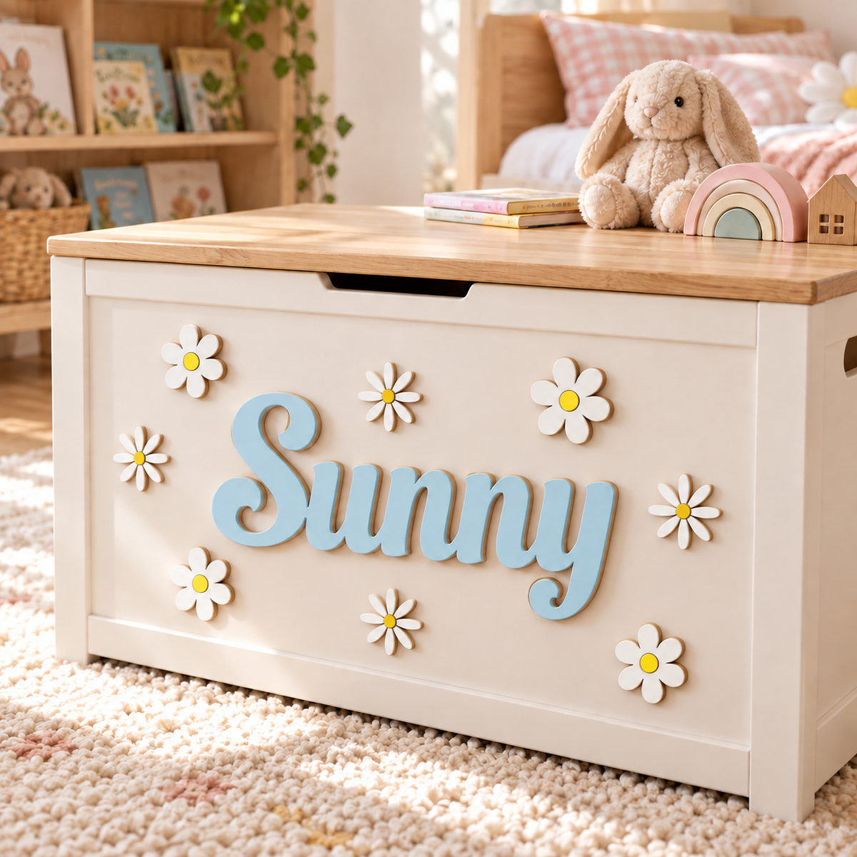 Pastel blue Sunny wooden name and eight white flowers in two designs displayed on a toy storage chest in a child’s bedroom