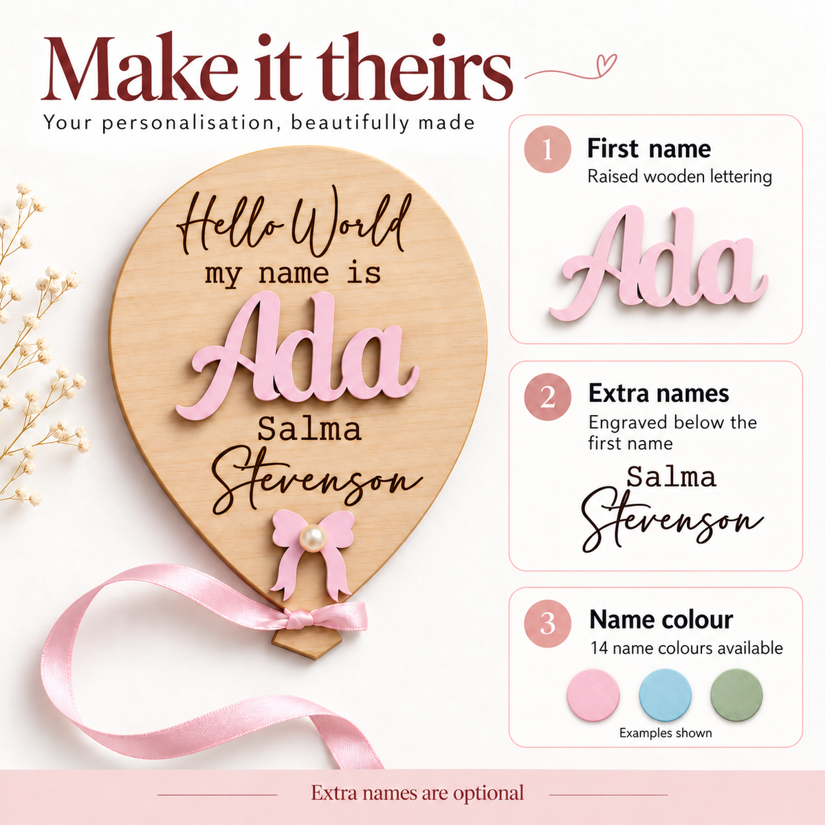 How to personalise your balloon name sign: raised first name, optional engraved extra names and 14 name colours.