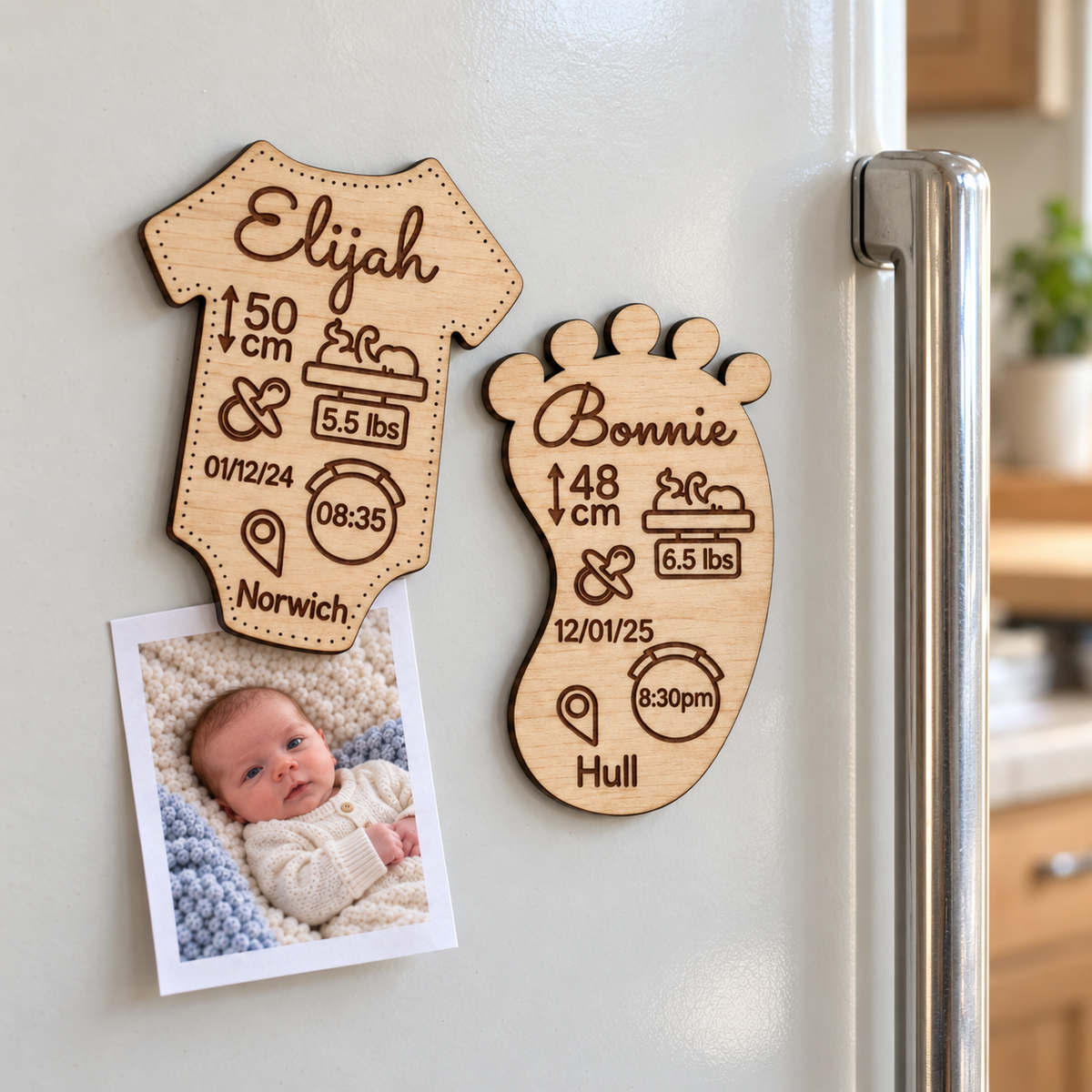 Wooden baby birth stats fridge magnets in baby vest and footprint designs on a fridge