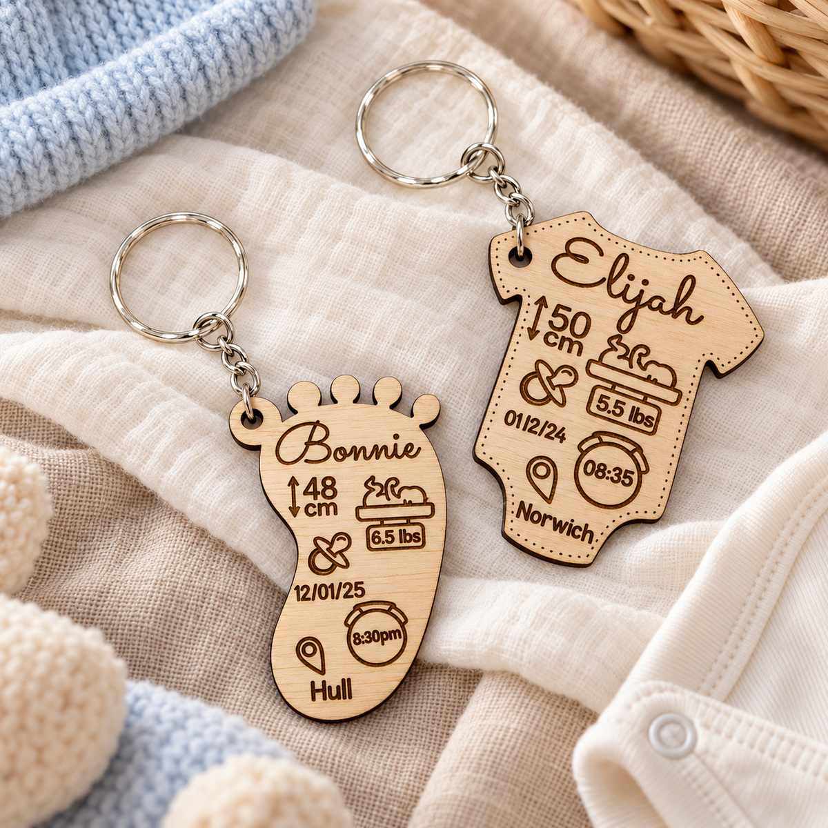 Personalised wooden baby birth stats keyrings in footprint and baby vest designs