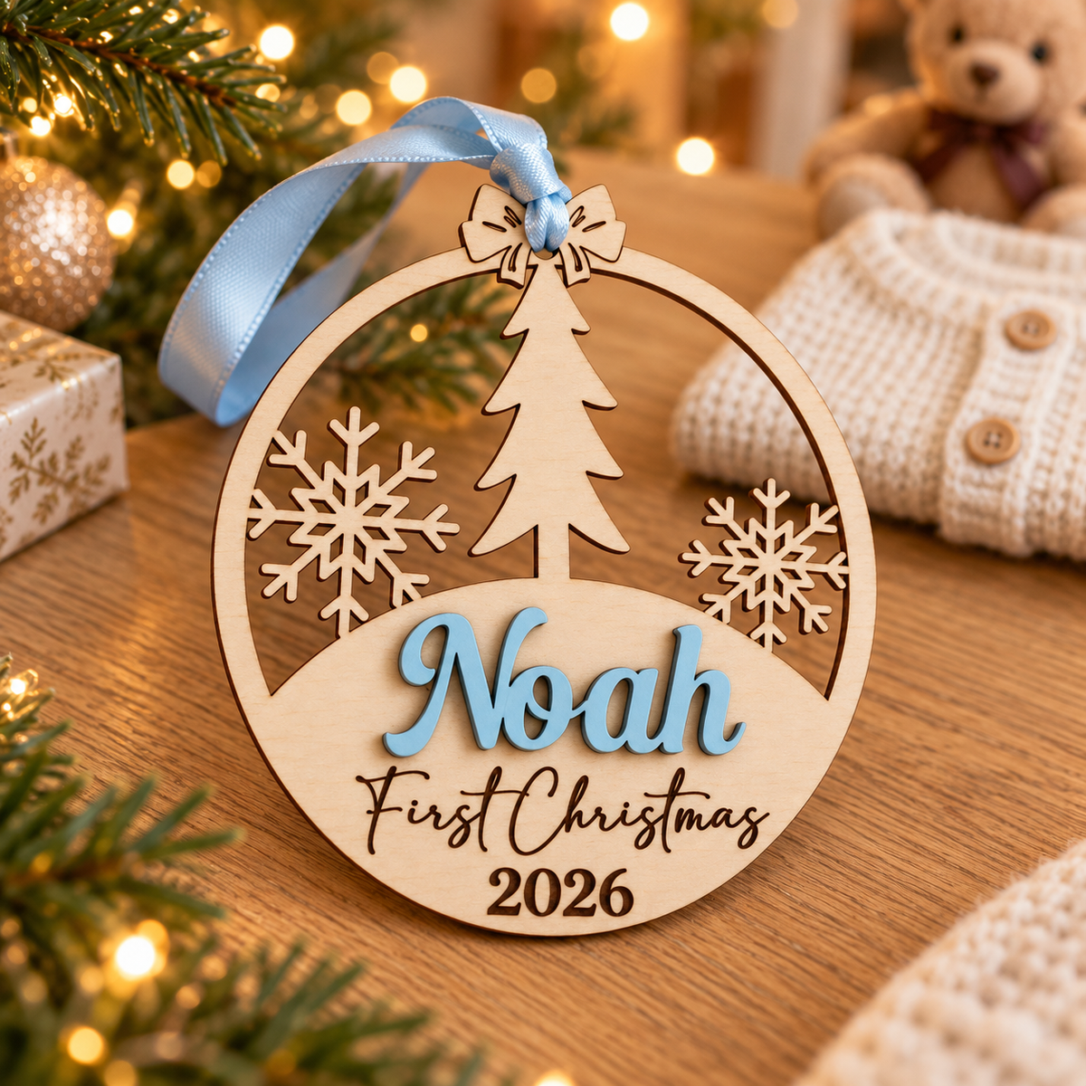 Pastel blue wooden baby first Christmas ornament with raised name and engraved year styled beside soft nursery keepsakes