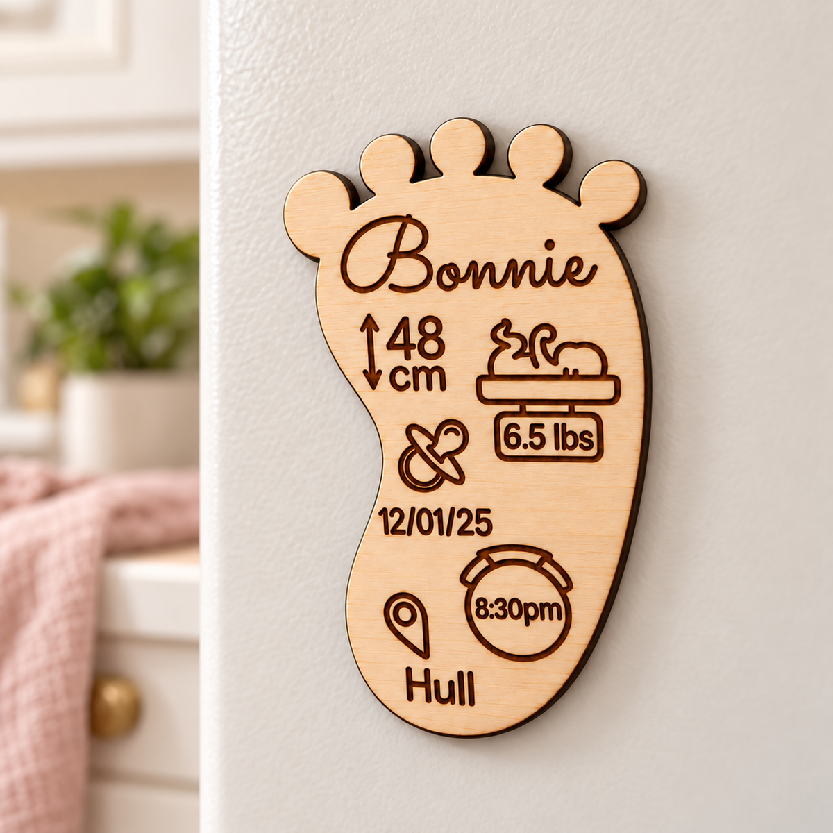 Personalised wooden footprint fridge magnet with Bonnie's birth stats