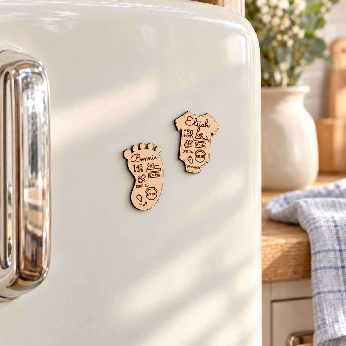 Footprint and baby vest birth keepsake magnets displayed on a fridge in a family kitchen