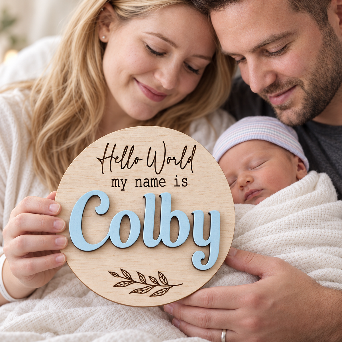 Personalised baby name disc with Colby in raised Pastel Blue lettering, held by parents beside their newborn.