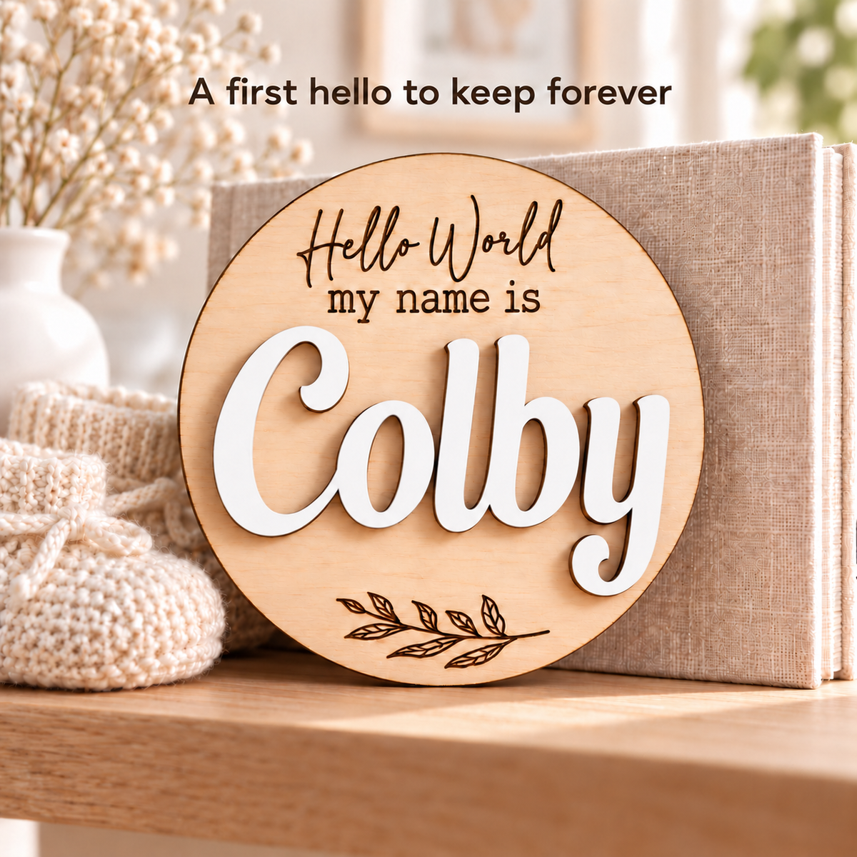 Colby baby name disc with bright White raised lettering displayed beside a keepsake album.