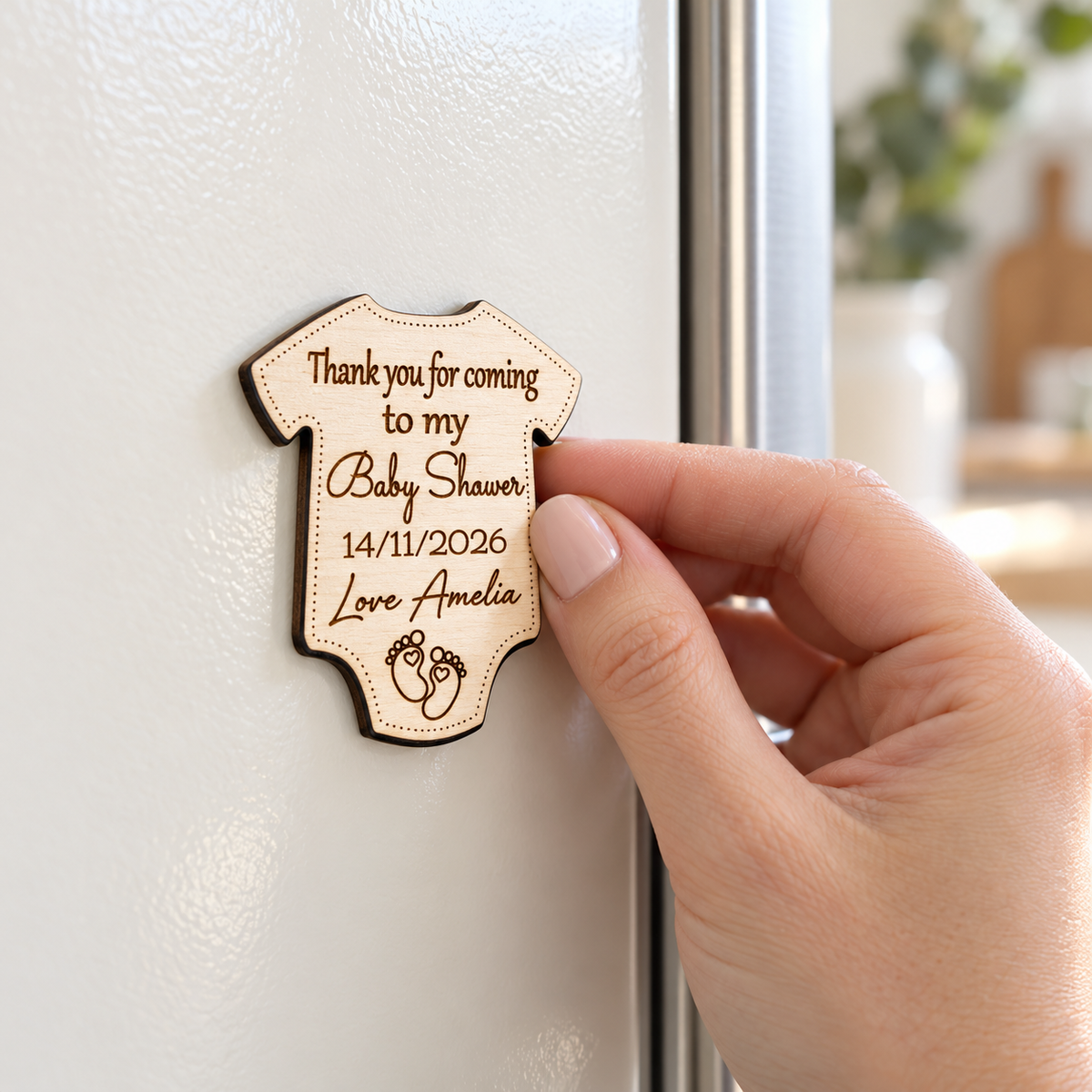 Small engraved baby shower favour magnet placed on a fridge door, personalised with Amelia and the event date.