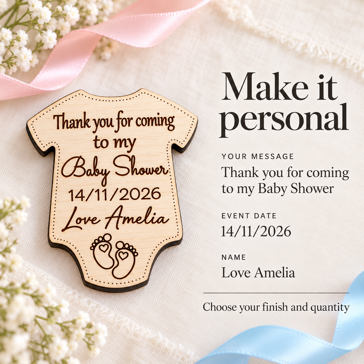 Baby shower favour personalisation example showing your message, event date and name engraved on the wooden bodysuit.