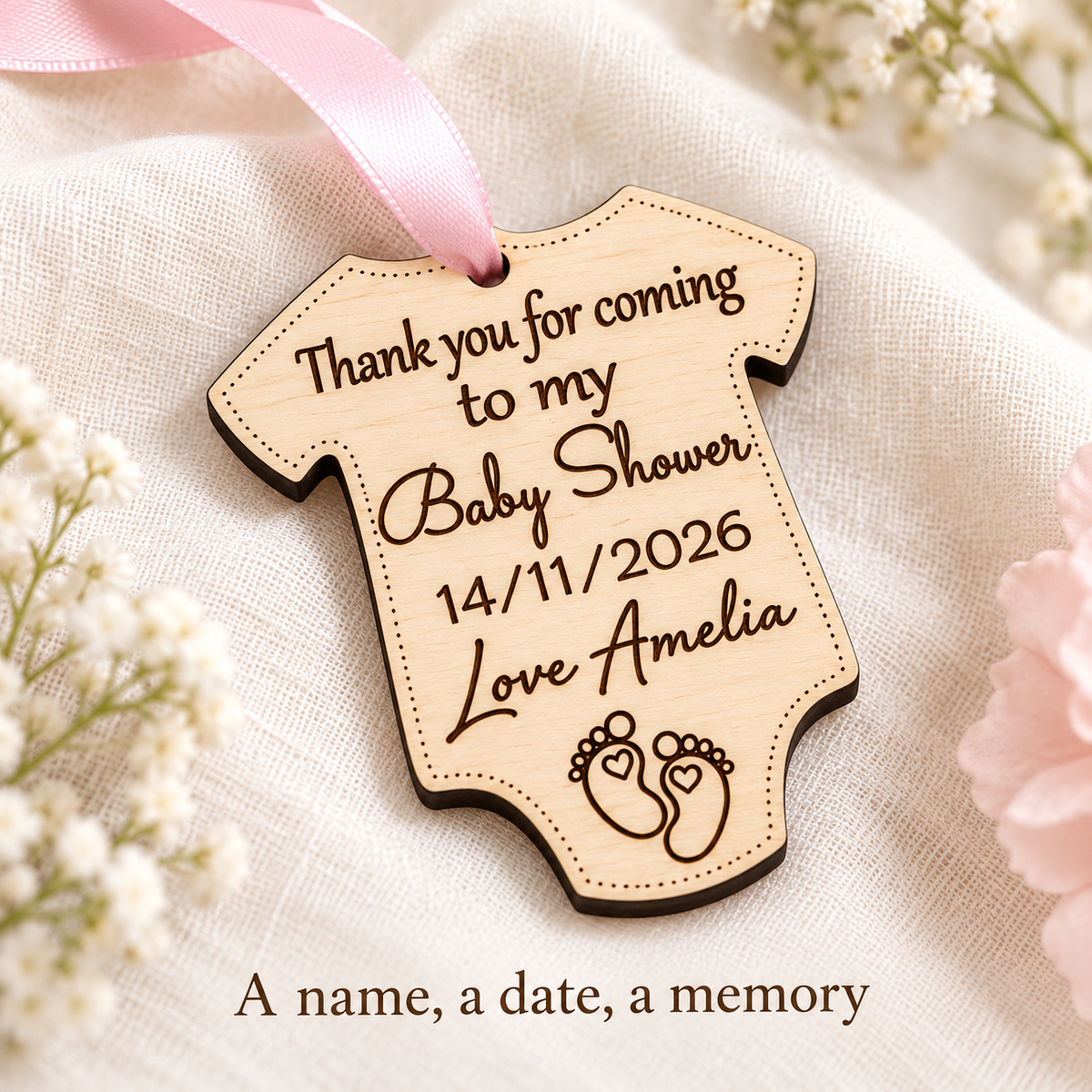 Close-up of dark laser engraving, baby footprints and natural wood grain on a ribbon baby shower favour.