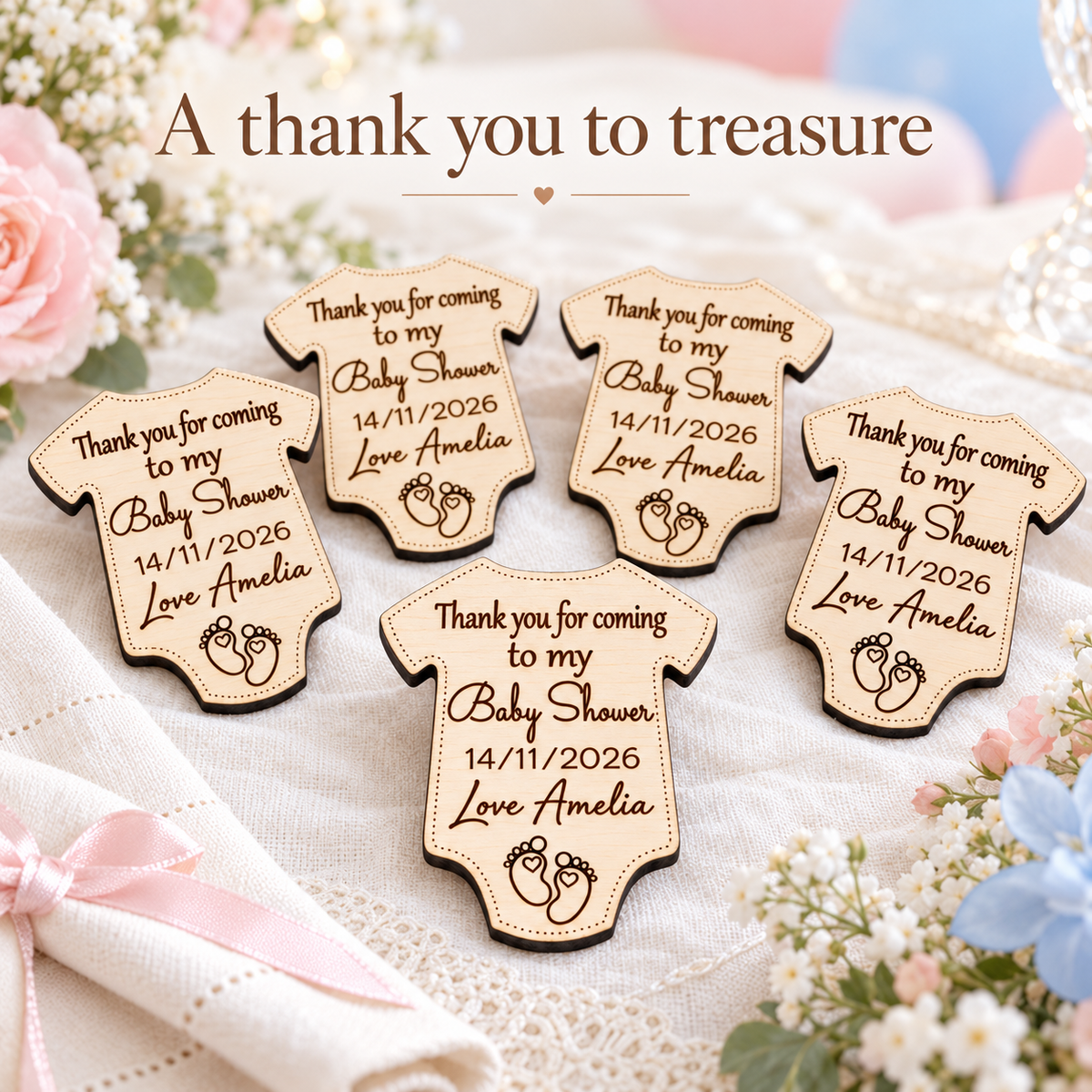 Personalised baby shower thank-you keepsakes arranged on an ivory celebration table with pastel flowers.