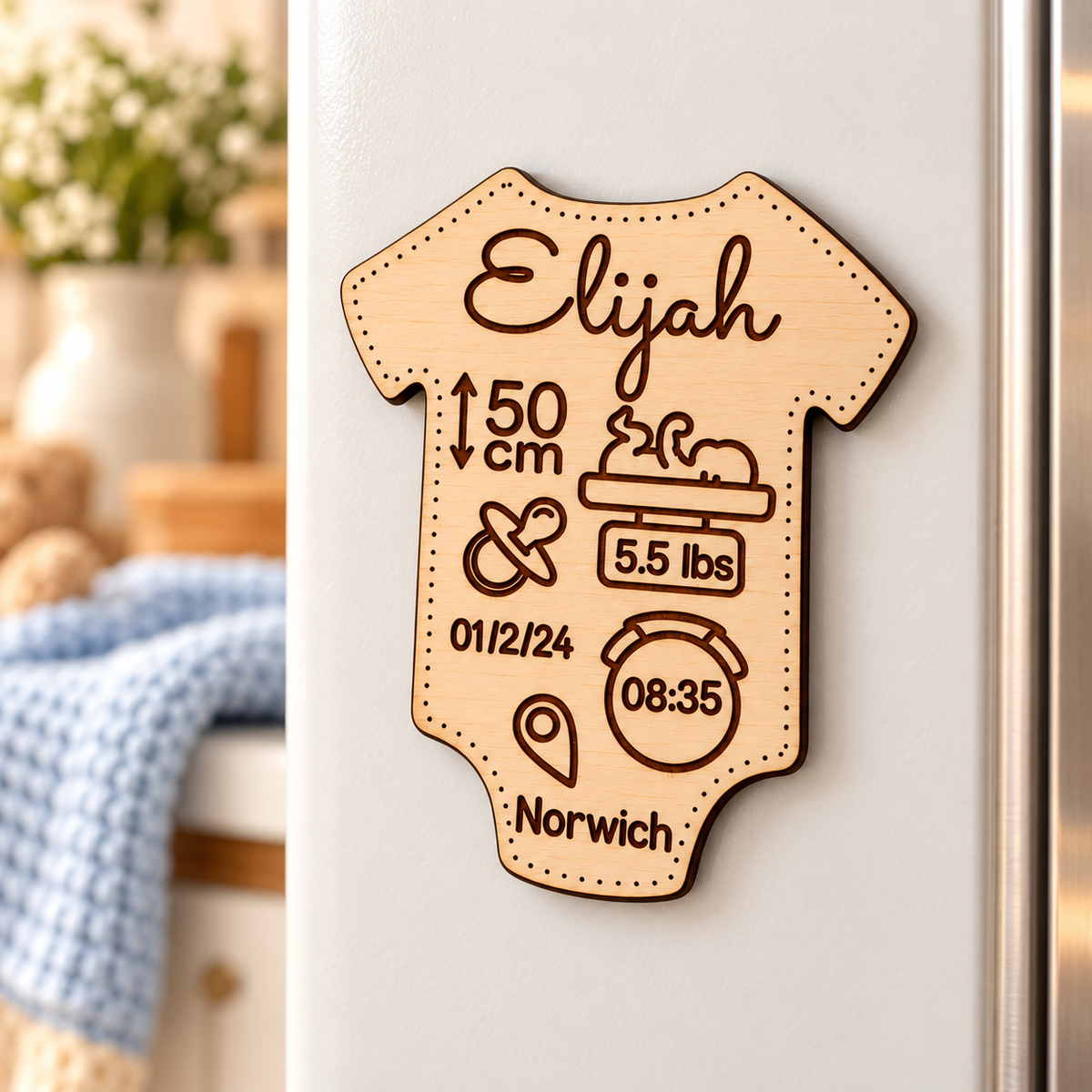 Personalised baby vest fridge magnet with Elijah's engraved birth details