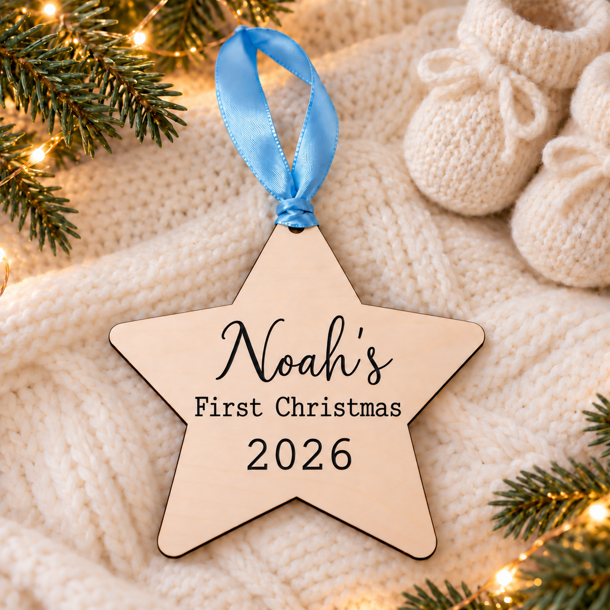 Noah's personalised first Christmas star with blue ribbon and 2026 on a knitted blanket beside baby booties