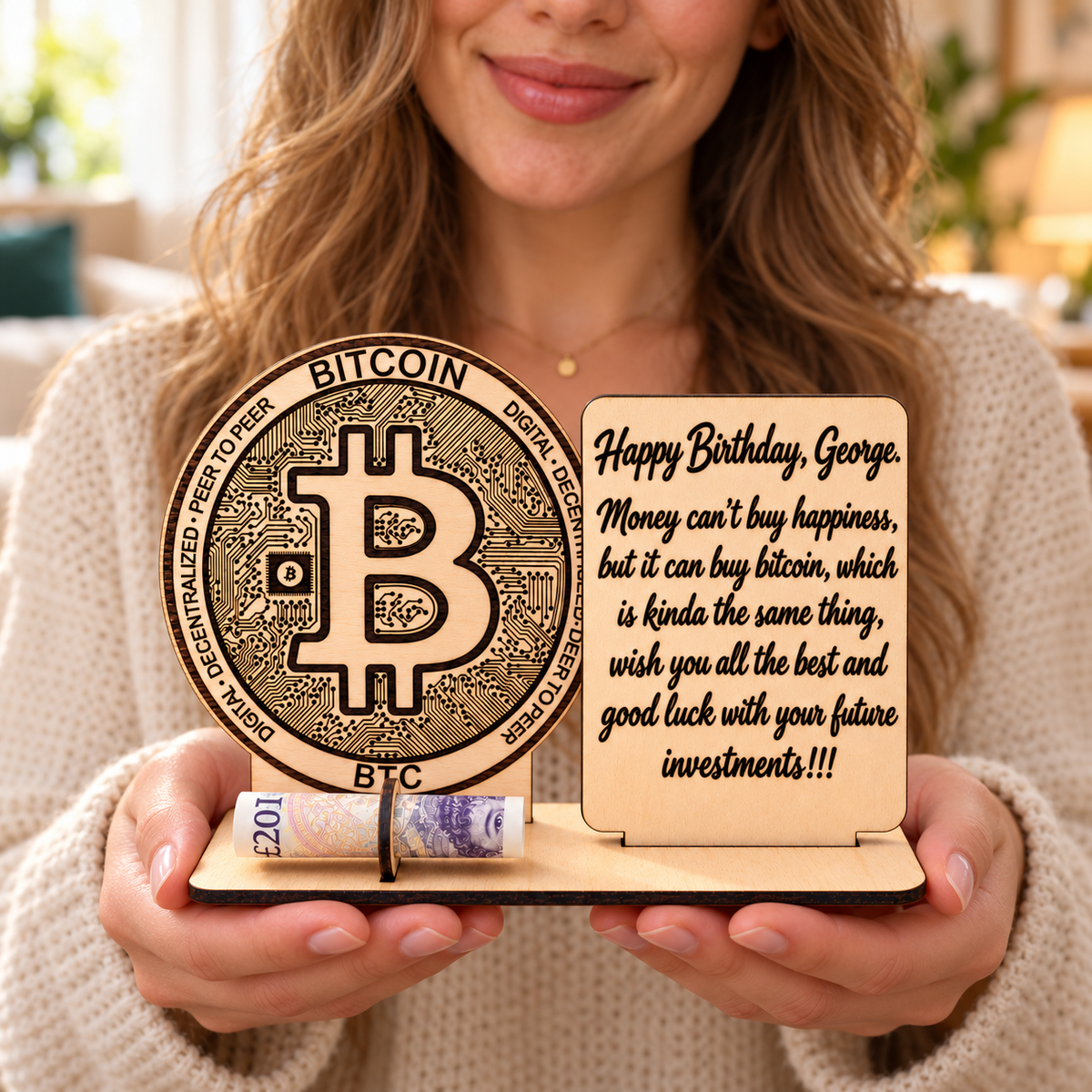 Personalised wooden Bitcoin birthday gift held by a woman, with black engraved message and optional rolled banknote holder