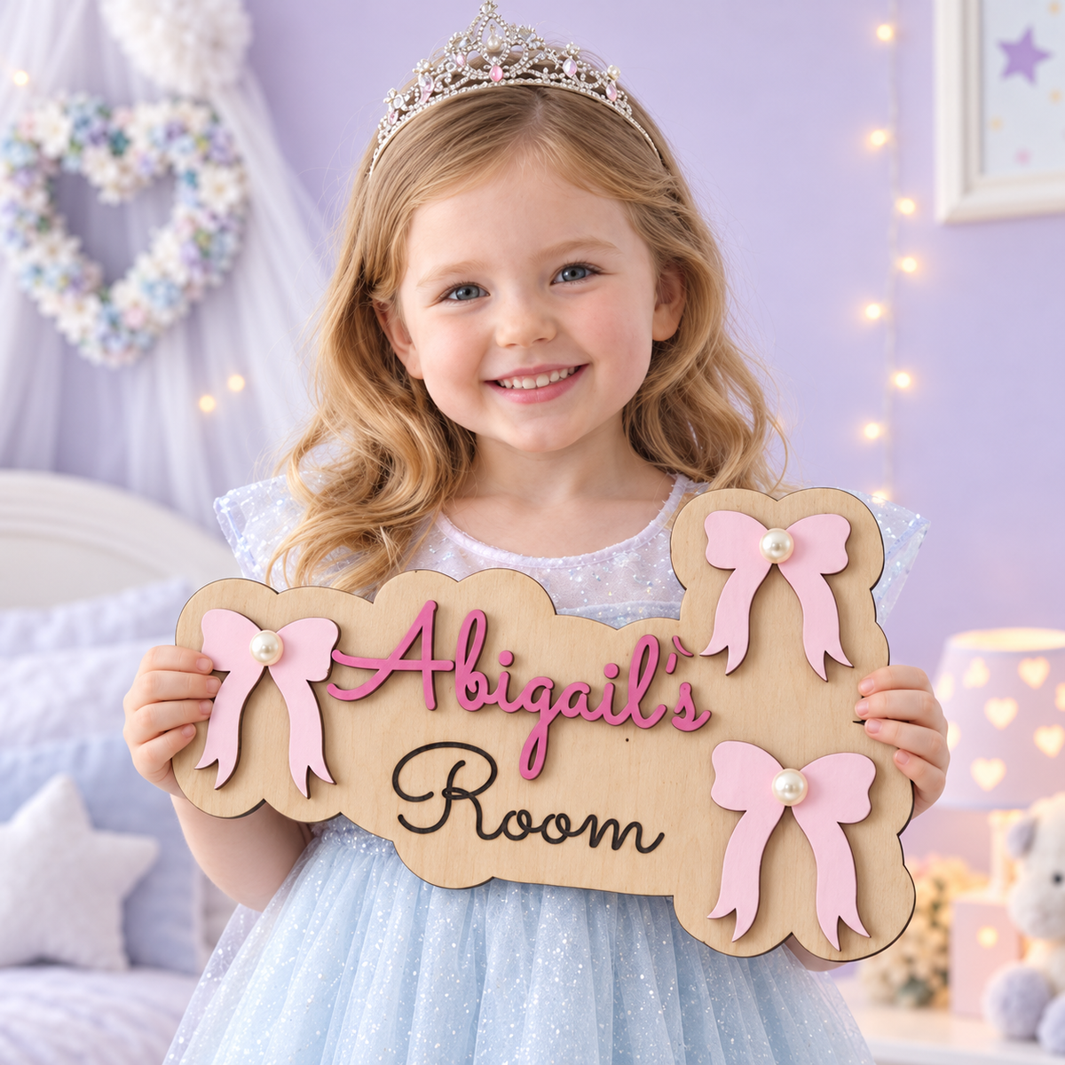 Girl holding an Abigail's Room wooden door plaque with raised dark pink lettering, engraved Room and pink bows with pearl centres.