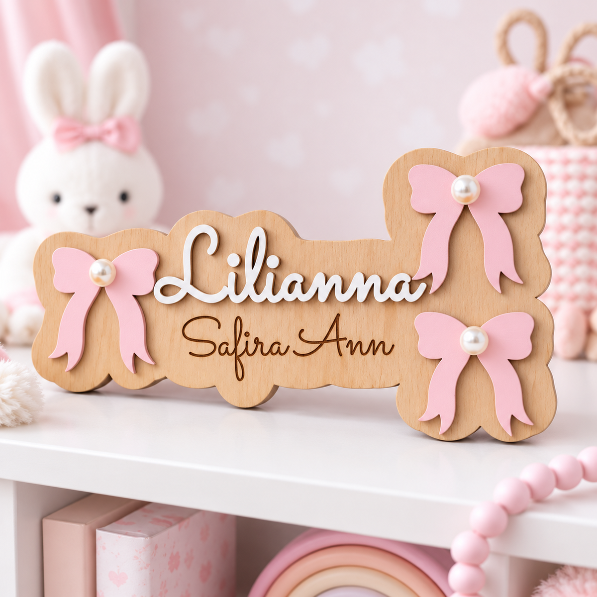 Personalised Lilianna bow name plaque on a nursery shelf, showing raised white lettering and Safira Ann engraved in dark script.