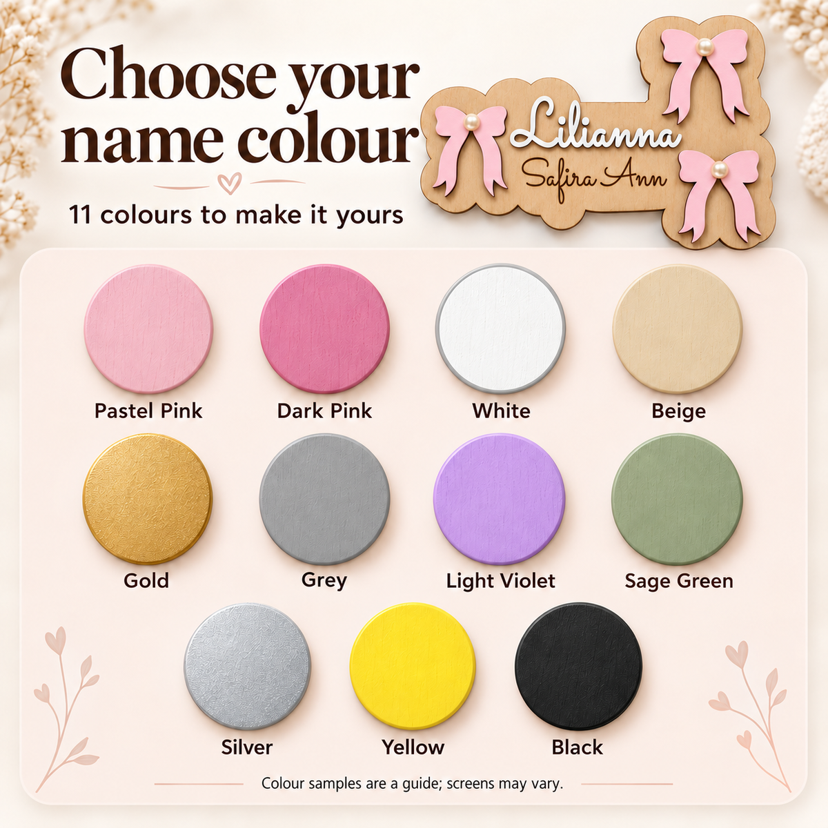 All 11 name colours: Pastel Pink, Dark Pink, White, Beige, Gold, Grey, Light Violet, Sage Green, Silver, Yellow and Black.