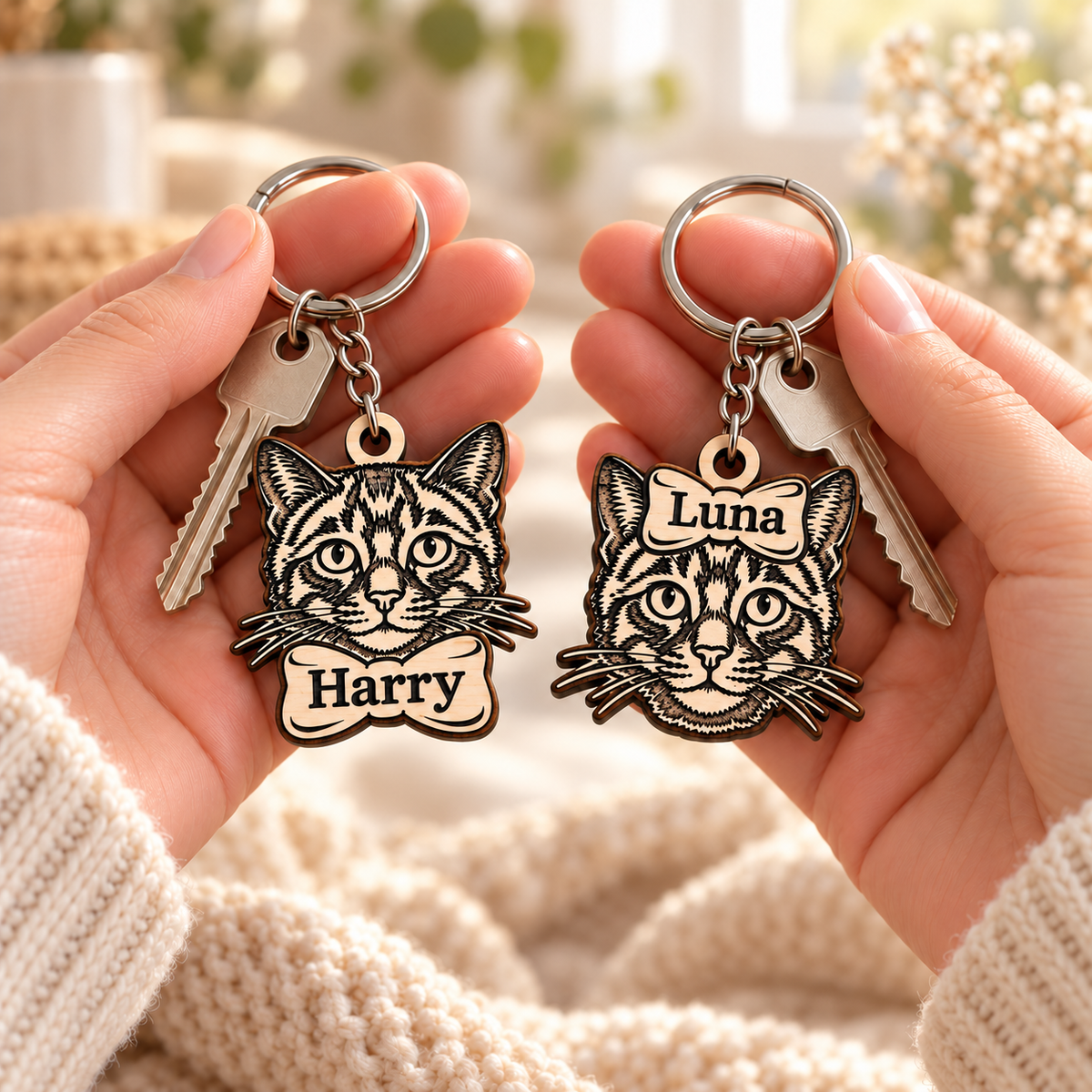 Personalised wooden cat keyring with engraved name, held in a hand beside house keys.