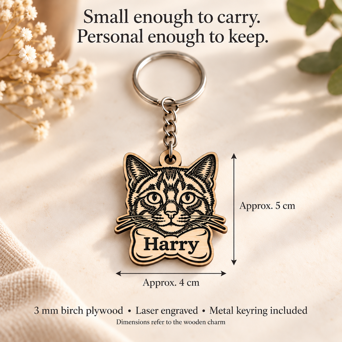 Wooden cat keyring dimensions: approximately 5 cm high and 4 cm wide, made from 3 mm birch plywood.