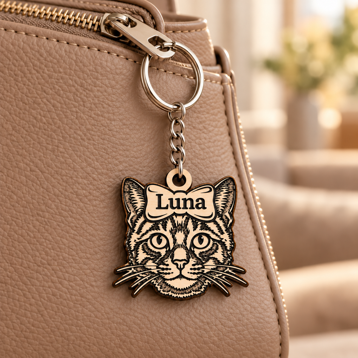Luna personalised cat keyring attached to the zip of a taupe handbag.