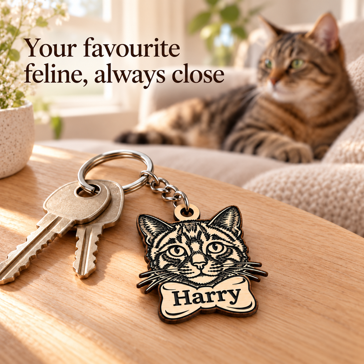 Harry wooden cat keyring beside house keys with a tabby cat in the background.