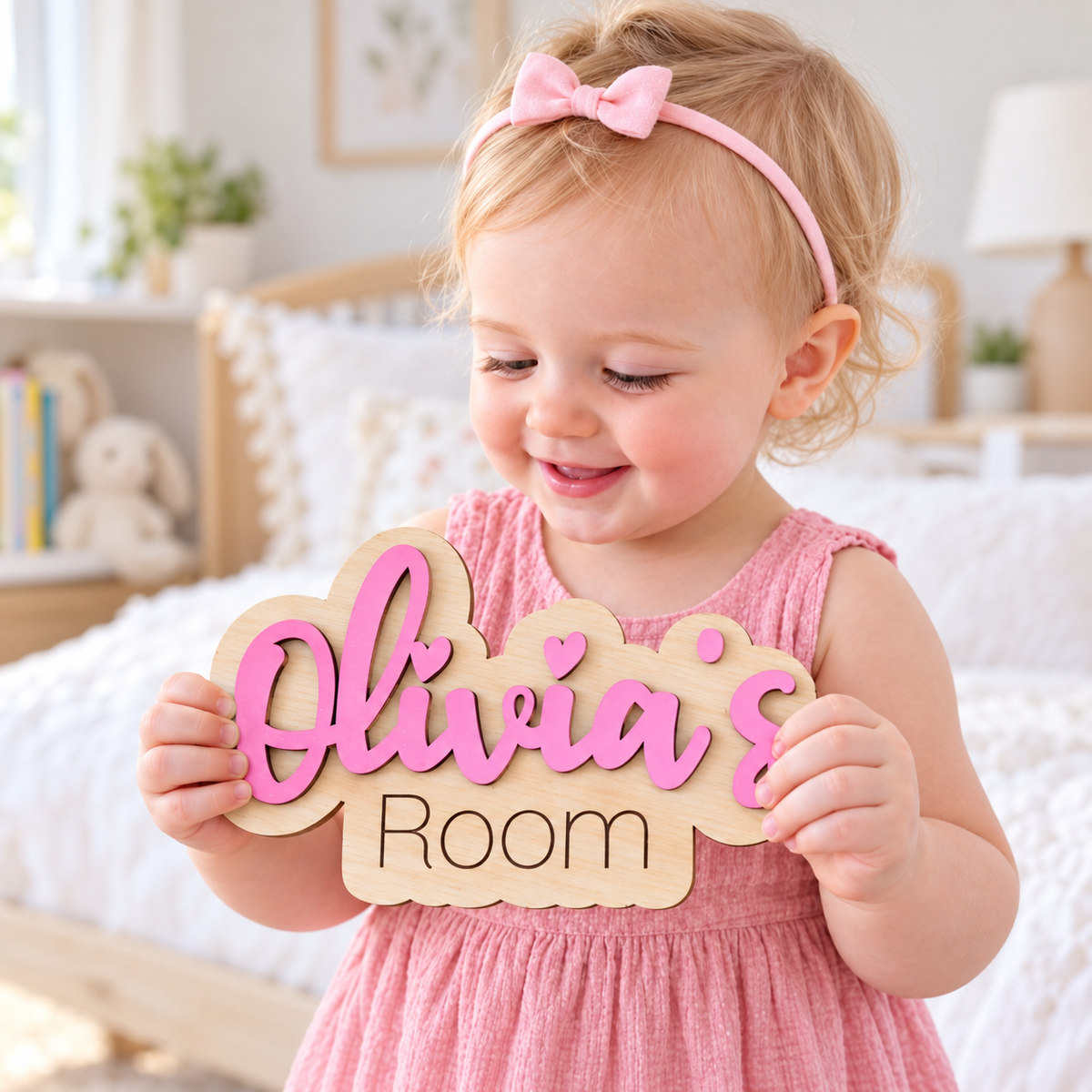 Child holding a pink Olivia's Room personalised bedroom door plaque with raised wooden letters