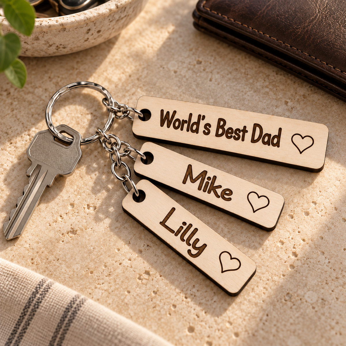 World's Best Dad personalised wooden keyring with Mike and Lilly charms attached to a house key.