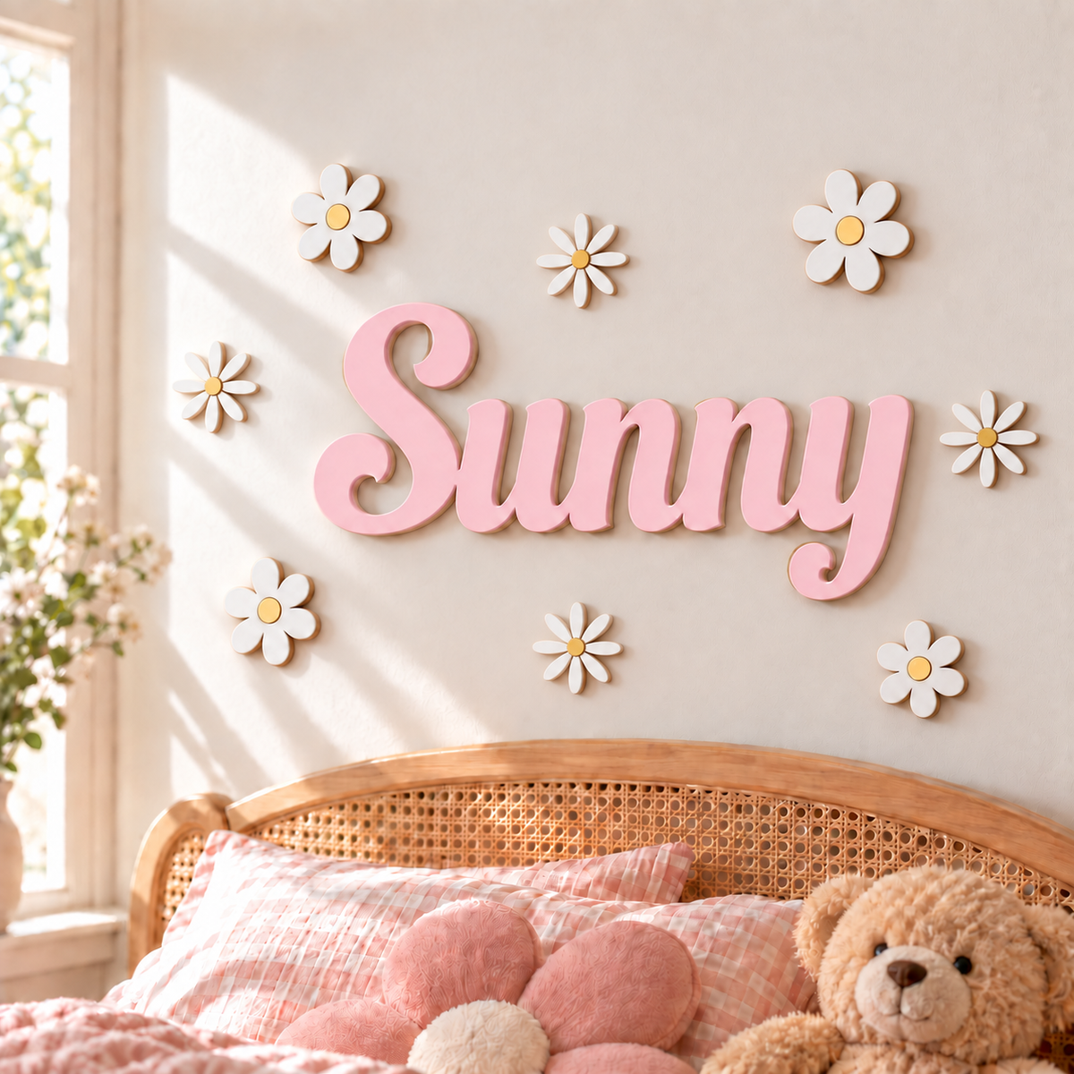 Pastel pink Sunny wooden name sign with four white daisies and four broad-petalled flowers in a bright child’s bedroom