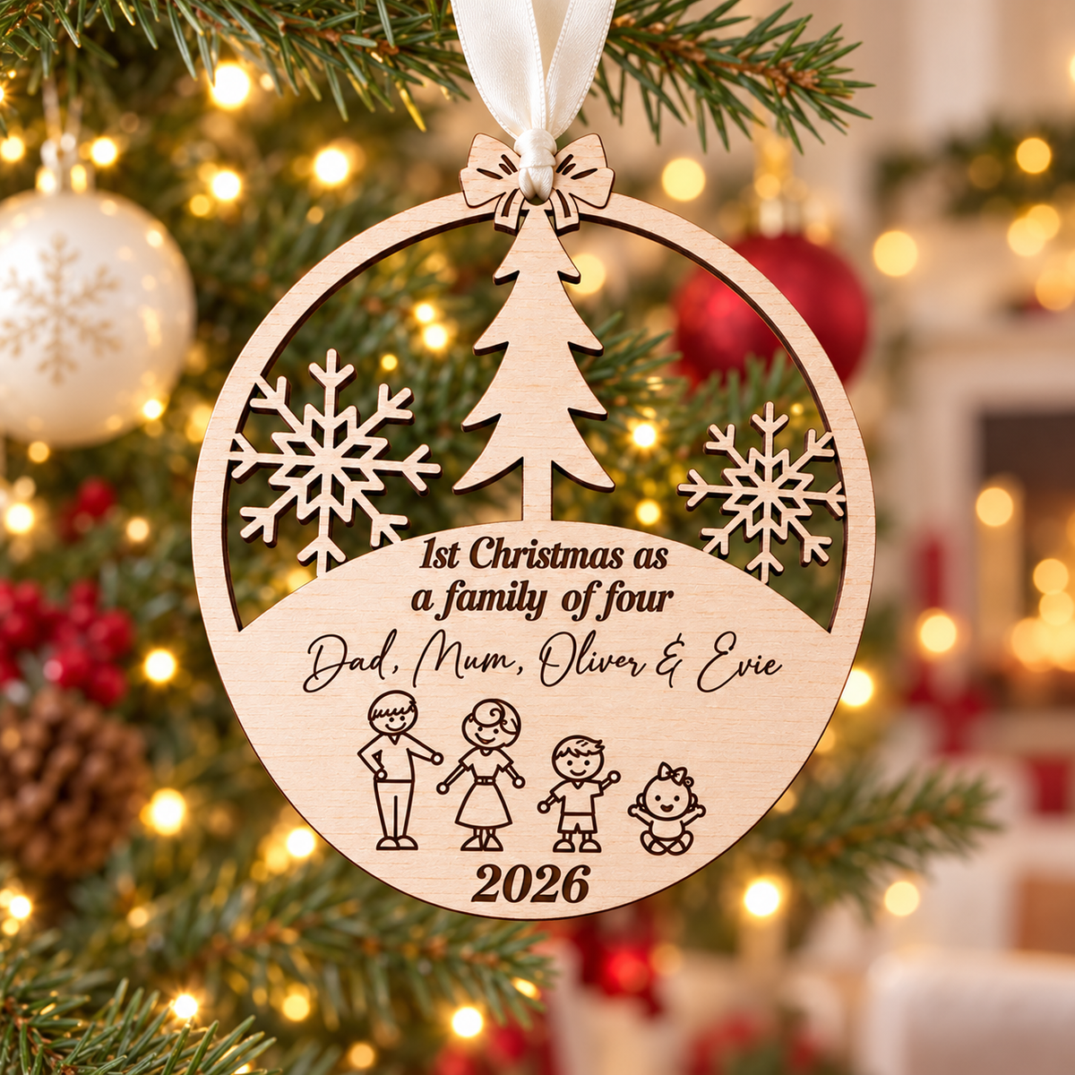 Wooden first Christmas as a family of four bauble hanging on a tree with Dad, Mum, Oliver and Evie engraved